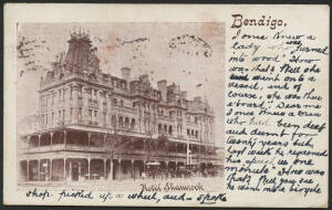 Victoria: Bendigo: ‘Hotel Shamrock, Bendigo’ postcard (undivided back) used with lengthy message on vignette view side and QV 1d pink tied Melbourne ‘NOV5/1904’ cancel, fine condition.