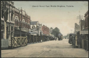 Victoria: Brighton: ‘Church Street East Middle Brighton’ postcard showing the Middle Brighton Railway Level Crossing Gates and storefronts including B Lewis Chemist & MW Hiscock Newsagency, sent to Surrey Hills with QV 1d pink tied Melbourne ‘6JAN09’ roll