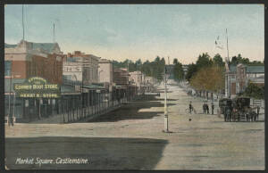 Victoria: Castlemaine: ‘Market Square, Castlemaine’ postcard showing shopfronts including ‘Ezywakin Corner Boot Store’ and Castlemaine Market Hall, used under cover with message on back, couple of minor blemishes.