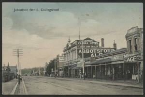 Victoria: Collingwood: ‘Johnstone Str. E Collingwood’ postcard showing storefronts including E McCasker newsagent with ‘Age’ & ‘Argus’ advertising hoardings and J McCaffrey's Yarra Hotel with Abbotsford Ale advertising, used under cover with message dated