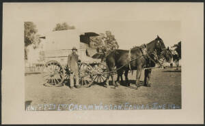 Victoria: Echuca: ‘HNFF Pty Ltd Cream Wagon Ecuca June 1924’ real photo postcard (Kodak back) showing the Holdenson & Nielson Fresh Food Cream Wagon horse-drawn coach with driver standing alongside, unused, fine condition.