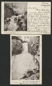 Victoria: Euroa: ‘Weir Falls, Euroa’ & ‘Faithful’s Creek Falls, Euroa’ postcards (published by J Main, Newsagent, Euroa; undivided backs) each showing waterfalls & both sent in 1905 to the same address in Rutherglen with a QV 1d pink tied ‘UP TRAIN/MG13/V