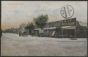 Victoria: Euroa: ‘Benney Str, Eurora’ postcard showing storefronts including ‘A Miller & Co The People’s Providers’ with Horse-Drawn Carriages out front, sent to New Zealand with QV 1d pink tied Melbourne cancel and ‘NZ/RIVERTON/16NO07’ arrival d/s on vie