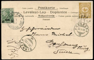 1903 (Jan.15) real photo postcard ("Gruss aus Johann ain Karem") to Switzerland, with a mixed franking of 10 para green (Mi.12l, fault) cancelled "JAFFA DEUTSCHE POST" and Turkisk 5 para brown with a Turkish postmark. Underpaid ? the standard overseas rat