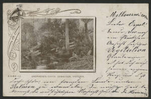 Victoria: Gembrook: ‘Shepherd's Creek, Gembrook’ vignette view postcard (published by S. & McD. Ltd, undivided back headed ‘Souvenir Card’) sent to Germany with extensive message on view side and QV 1d red and ½d green tied Melbourne ‘3.10.00’ cds, ‘GOSLA