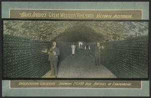 Victoria: Great Western: ‘Hans Irvine’s Great Western Vineyard/Underground Galleries Showing 24,000 doz Bottles of Champagne’ advertising postcard (published by FW Niven) showing the Cellar with Workers inspecting the thousands of Bottles in racks, unused