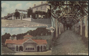 Victoria: Hepburn: ‘The Mineral Springs Hotel and Parma House, Hepburn’ advertising postcard (published by FW Niven) with three vignette views showing the Hotel, Hepburn Springs Pavillion and Vine Walk at Parma House, used under cover with message on back