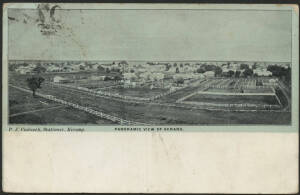 Victoria: Kerang: ‘Panoramic View of Kerang’ postcard (published by PJ Cadusch, Stationer, Kerang) showing Township & Sale Yards, QV 1d pink tied ‘KERANG/AP22/07/VICTORIA-207’ duplex cancel, couple of minor blemishes.