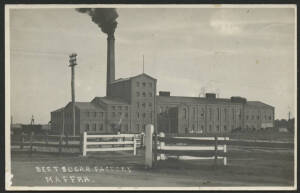 Victoria: Maffra: ‘Beet Sugar Factory Maffra’ real photo postcard (Kodak back) showing the Building and Grounds with Chimney belching black smoke (built 1898; closed 1948) used under cover with lengthy message including "... staying until tomorrow midday 