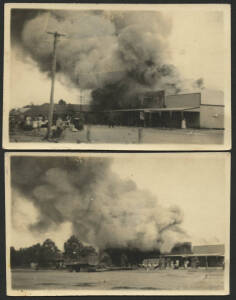 Victoria: Managatang: real photo postcards pair (Kodak backs) showing fire in progress which destroyed four shops including the coffee palace, barber, fruit shop, and billiard saloon on 21 April 1941 with smoke billowing and household goods & people on st