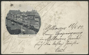 Victoria: Melbourne: ‘Bourke Street, Melbourne’ postcard (published by Robert Jolley; undivided back) showing vignette view with Buildings and Trams sent to Germany with message on view side and QV 1½d green tied Melbourne ’17.5.00’ cds, ‘HEPPENHEIM/25.6.