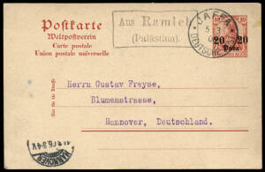 1906 (Mar.5) 20 para/10pf red postal card, cancelled with "JAFFA DEUTSCHE POST" cds, with black boxed "Aus Ramleh / (Palästina)" h/stamp along side, to Germany with Hannover arrival cds.