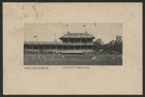 Victoria: Melbourne: ‘Melbourne Cricket Ground’ postcard showing with cricket match in progress and grandstands in background including the Members Stand, sent to Middle Park with QV 1d pink tied Melbourne ‘22MR09’ cds, fine condition.