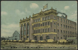 Victoria: Melbourne (South): ‘Portion of a Shipment of 200 Tons of A Hoadley & Co’s Jams to South Africa’ advertising postcard (published by FW Niven) showing ‘The Rising Sun Preserving Works’ building in South Melbourne with a line of heavily-loaded hors