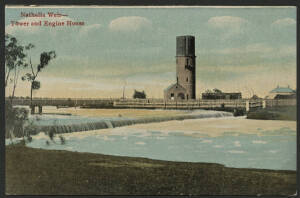 Victoria: Nathalia: ‘Nathalia Weir - Tower and Engine House’ postcard (published by FW Niven) showing the Broken Creek running over weir with buildings in background, used with QV 1d pink tied ‘TPO 17/ UP 13OC08/VICTORIA’ cds used on Goulburn Valley Line 