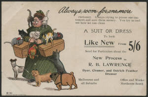 Victoria: Northcote: ‘RB Lawrence, Dyer, Cleaner and Ostrich Feather Dresser, Office and Works: Northcote South’ postcard with Lady carrying Cats and Dogs at her feet advertising ‘A Suit or Dress to look like new from 5/6’, unused, couple of minor blemish