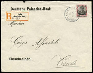 1912 (Oct.19) PTPO envelope for Deutsche Palästina - Bank with 2 piaster/40pf Germania tied by Jaffa cds plus Jaffa reg. label to Trieste. Very fine.