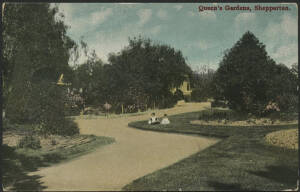 Victoria: Shepparton: ‘Queen’s Gardens, Shepparton’ postcard (published by FW Niven from Colliver photo) showing Children in Gardens sent to Bendigo with QV 1d pink tied ‘UP TRAIN/MG17/JA21/08/VICTORIA’ cds used on Goulburn Valley Line and message headed 