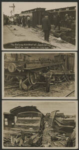 Victoria: Sunshine: ‘The Railway Accident at Sunshine 43 Lives Lost Easter Monday 1908’ three real photo postcards showing different views of the Passenger Train Carriages smashed when a Melbourne-bound passenger train from Bendigo collided with the Mail 