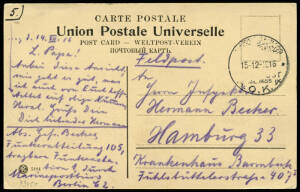 1916 (Dec.15) r/p postcard, "Safed" (Holy Land), with no stamp, endorsed "Feldpost", with "MIL.MISS,-o A.O.K.4" cds to Hamburg.