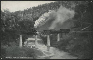 Victoria: Walhalla: ‘Walhalla Train on Thomson Bridge’ postcard (produced by Lee Bros, Stationers, Walhalla) showing Steam Locomotive and Goods on the Walhalla Line, unused, fine condition.