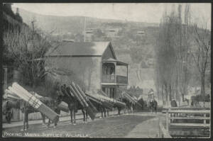 Victoria: Walhalla: ‘Packing Mining Supplies, Walhalla’ postcard (produced by Lee Bros, Stationers, Walhalla) showing Pack Horses laden with Supplies on Walhalla Road with township in background, used under cover with message dated “1911”, couple of minor