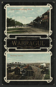 Victoria: Warragul; ‘Greetings from Warragul’ postcard with ‘Queen Street looking West’ & ‘Railway Station’ views showing Steam Locomotives, Passenger Carriages and Rolling Stock used under cover with message on back, couple of minor blemishes.