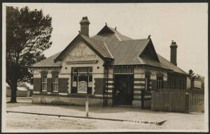 Victoria: Woodend: ‘Woodend PO’ real photo postcard of the Post & Telegraph Office building with Money Order Office and Savings Bank notice in front window listing operating hours, unused, fine condition.