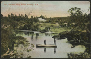 West Aust: Albany: ‘Tea Rooms, King River, Albany’ postcard with Fishermen & Boats in foreground, sent to USA with Swans 1d pink & ½d green tied partial Albany ‘SE19/1908’ duplex cancel, couple of minor blemishes.