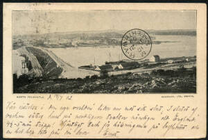 West Aust: Fremantle: 'North Fremantle' postcard (published by Robinsons, Bristol) showing construction of new Swan River bridge with old bridge alongside, sent to Sweden with Swans 1d red and ½d green tied Fremantle 1902 duplex cancel, Perth transit on f