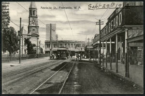 West Aust: Fremantle: ‘Adelaide St., Fremantle’ postcard (published by Fremantle News Agents Association) with ‘Fisher Beard’ storefront, passengers alighting from tram and advertising signs including ‘J Flintoff Dentist’ and ‘Chemists & Opticians’ in bac