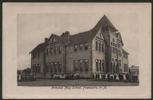 West Aust: Fremantle: ‘Princess May School, Fremantle’ postcard (published by P. Falk & Co) with children lined up on tennis court outside school building, unused, fine condition.