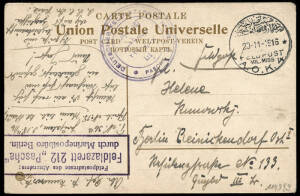 1916 (Nov.20) Jerusalem - Berlin postcard with bi-lingual "FELDPOST / MIL.MISS / A.O.K.4" cds & "DEUTSCHES FELDLAZARETT No. 212 * Pascha *" plus German boxed "... Feldlazarett 212 "Pascha" / durch Marinepostbüro Berlin."