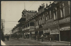 West Aust: Fremantle: ‘Market St, Fremantle’ postcard (published by Fremantle News Agents Association) with ‘J&L Baker, Butchers’ shop and advertising signs for ‘Velvet Soap’ & ‘Lipton [Tea]’, unused, minor corner fault.