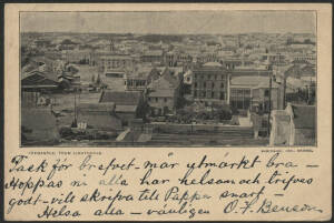 West Aust: Fremantle: 'Fremantle from Lighthouse' postcard (published by Robinsons, Bristol) with Railway Line in foreground, sent to Sweden with Victoria QV 1½d orange on yellow tied ‘SOUTH MELBOURNE/AP23/02/VIC - 148’ duplex cancel, Goteburg arrival b/s