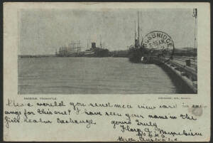 West Aust: Fremantle: 'Harbour, Fremantle' postcard (published by Robinsons, Bristol) showing Steamships & Sailing Ships moored at Docks, sent to England with Swans ½d green x3 tied ‘SHIP MAIL ROOM/NO4/1901/PERTH WA - PO’ duplex cancel & ‘KINGSBRIDGE/DE2/