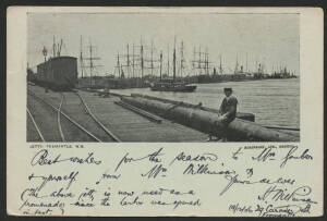 West Aust: Fremantle: 'Jetty, Fremantle' postcard (published by Robinsons, Bristol) showing Railway Line & Goods Wagons with Steamships & Sailing Ships moored at Docks, sent to Sydney with Swan 1d pink tied Fremantle ‘20DE06’ cds, couple of minor blemishe