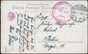 1917 (Jan.16) postcard Jericho - Stettin, Germany with bi-lingual "FELDPOST / MIL.MISS / A.O.K.4" cds & K2 "DEUTSCHER ETAPPENARZT * Jerusalem *" cachet plus a violet negative handstamp in Arabic.