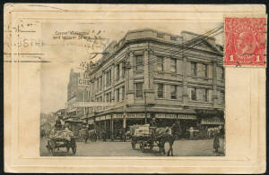 West Aust: Perth: ‘Corner Wellington and William Streets’ postcard (published by HR James, Stephens-Place, Adelaide; printed in Germany) showing the Universal Corner Building, Perth with ‘Universal Shoe Stores’, Electric Tram & Horse-Drawn Carts in foregr