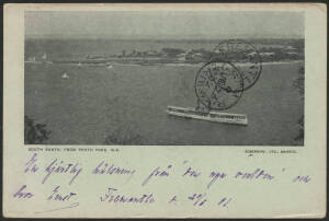 West Aust: Perth: 'South Perth from Perth Park' postcard (published by Robinsons, Bristol) showing Tourist Steamship on Swan River, sent to Sweden with Swans 1d red and ½d green tied 'FREMANTLE/JU23/1902/TOWN HALL - PO’ duplex cancel, Fremantle & Perth tr