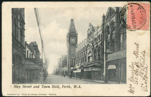 West Aust: Perth: ‘Hay Street and Town Hall, Perth’ postcard (published by The Austral Stores, Perth) with store fronts and advertising hoardings including ‘Perth Medical Dispensary’, ‘National Oyster and Supper Rooms’, ‘Norman Picture Framer’, sent to Vi