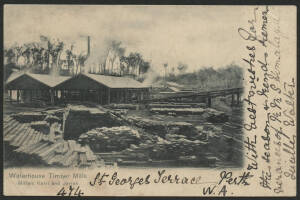 West Aust: Yarloop: ‘Waterhouse Timber Mill, Millars Karri and Jarrah’ postcard (undivided back) showing the sheds & conveyor belts with stacks of sawn logs, sent to Swatow, China with message written on view side as required by UPU regulations and Swans 