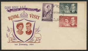Aust Capital Territory: Camp Royal: 'CAMP ROYAL/2FE54/ACT-AUST' cds on Royal Visit set on unusual Visit FDC with 'CAMP ROYAL ACT' h/s in violet at upper-left, discolouration at the edges, unaddessed. PO 1/2/1954; closed 17/2/1954. [The PO is unlisted by H