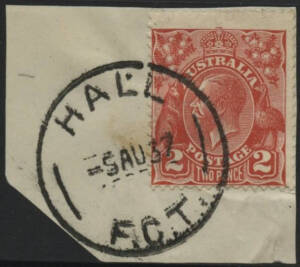 Aust Capital Territory: Hall: 'HALL/5AU37/FCT' cds on KGV 2d red on piece. [After he Federal Capital Territory was renamed 'Australian Capital Territory' in 1938 the base inscription was re-cut to read 'ACT']