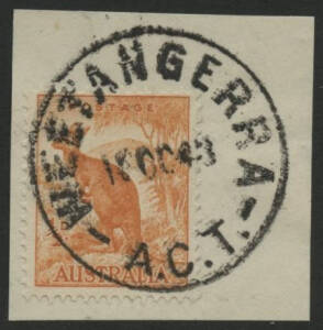 Aust Capital Territory: Weetangerra: 'WEETANGERRA/15OC48/A.C.T.' 1948 cds on on ½d Kangaroo on piece. RO 25.6.1896; PO 15.6.1899; closed 30.11.1967. [Presumably originally engraved with 'N.S.W' at base and subsequently altered to 'A.C.T']