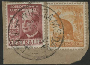 Aust Capital Territory: Williamsdale: 'WILLIAMSDALE/30OC51/A.C.T' cds on 3d Barton & ½d Kangaroo on piece.RO 16.4.1880; PO 1.12.1898; closed 19.12.1969. [Presumably originally engraved with 'N.S.W' at base and subsequently altered to 'A.C.T']