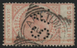 Northern Territory: Arltunga: 'ARLTUNGA/AU31/04/S.A' squared circle (rated R) on QV Long Type 5/- red (SG 277 Cat £70) perf 'SA'. PO 1.1.1891; RO circa 1917; PO 4.3.1920; closed 31.12.1928. [Gold Mining]