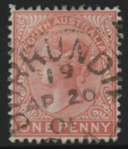 Northern Territory: Burrundie: 'BURRUNDIE/AP20/01/S.A' squared circle (rated RR) on QV 1d red. Renamed from Twelve Mile Camp PO 17.8.1885; closed 28.2.1905. [Gold Mining]