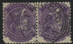 Northern Territory: Daly Waters: 'DALY WATERS/MY10/09/S.A' squared circle (rated RRRR) on QV 2d violet pair (rounded corner). TO 22.8.1872; PO 1.10.1901; closed 30.6.1978.