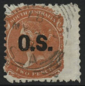 Northern Territory: Union Town: ‘UNION TOWN/MY4/99/S¬-A’ squared circle (rated RRRR, recorded 1890-1899 only, code 18) on QV 2d orange ‘OS’ overprint. PO 2.6.1890; closed 31.6.1906. [At Union Reef Goldfields Railway Station about 10km north of Pine Creek]
